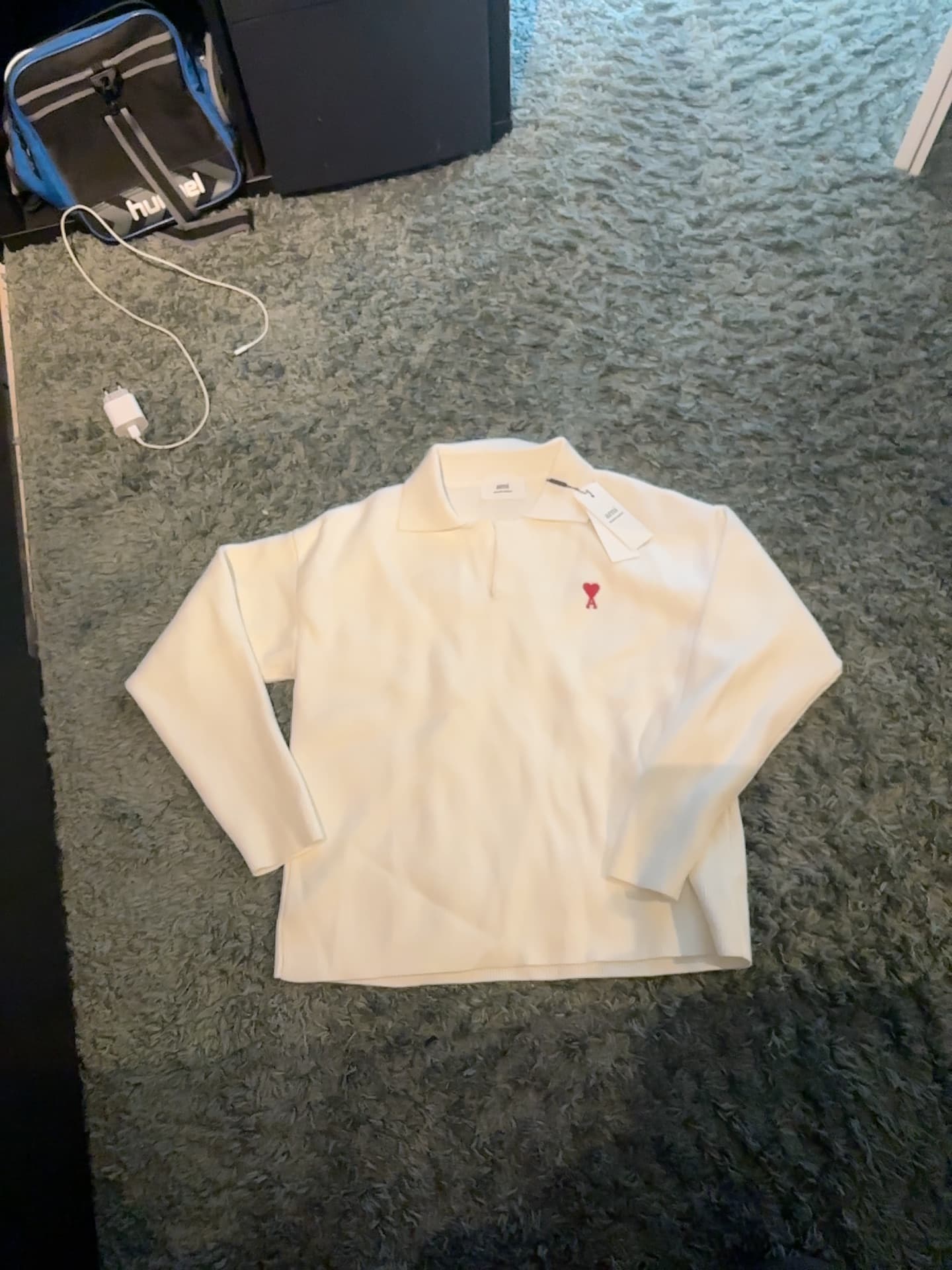 AMI Paris Long Sleeve Polo Shirt (White with Red AMI de Coeur Logo) - AI says Fake - Image 1